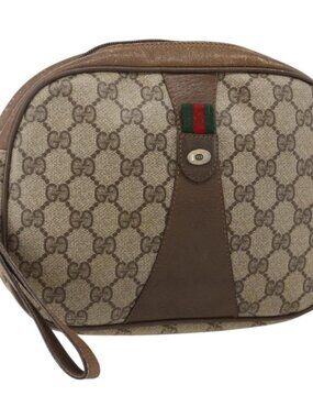 GUCCI GG Supreme Web Sherry Line Clutch Bag PVC Beige Gold 89 01 034 Auth 175777